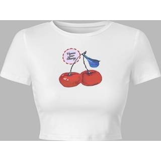 Short sleeve polyester s vrouwen wit Cherry Graphic Crew Neck Crop Top