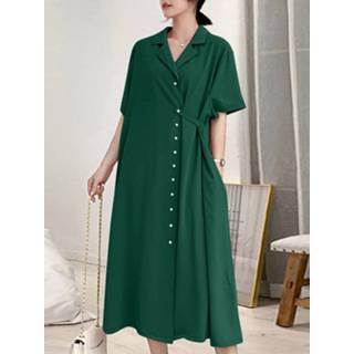 👉 Short sleeve polyester s vrouwen roze Solid Loose Pocket Lapel Button Shirt Dress