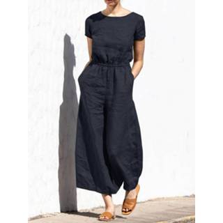 👉 Short sleeve cotton s vrouwen geel Solid Color O-neck Wide Leg Jumpsuit