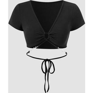 👉 Short sleeve polyester s vrouwen zwart Solid Hollow Tie V-neck Crop Top