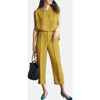 👉 Sleeveless cotton s vrouwen geel Solid Pocket Crew Neck Two Pieces Suit