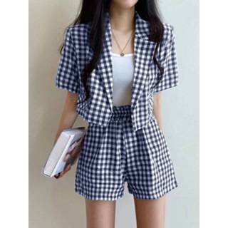 👉 Short sleeve polyester s vrouwen zwart Check Print Lapel Two Pieces Suit