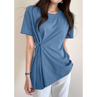 Short sleeve polyester s vrouwen zwart Women Asymmetrical Solid Keyhole Back Blouse