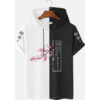 👉 Short sleeve polyester s male wit Mens Two Tone Sakuras Print Hooded T-Shirts