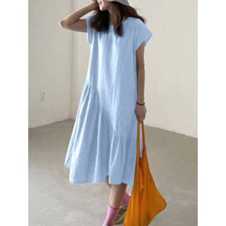 👉 Short sleeve polyester s vrouwen zwart Solid Swing Hem Crew Neck Casual Dress