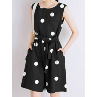 👉 Sleeveless polyester s vrouwen geel Dot Print Pocket Casual Romper With Belt