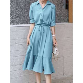 👉 Riem polyester s vrouwen zwart Solid Belt Button Half Sleeve Mermaid Hem Dress