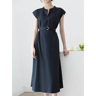 👉 Short sleeve polyester s vrouwen marine Solid Notch Neck Dress With Belt