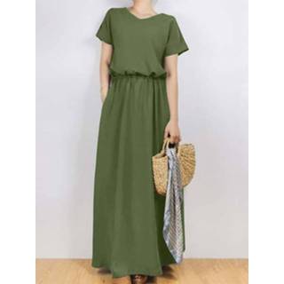 👉 Short sleeve polyester s vrouwen zwart Solid Sash Elastic Waist Casual Maxi Dress