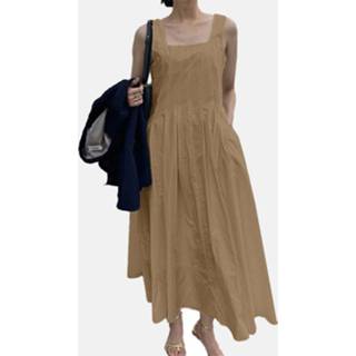 👉 Sleeveless polyester s vrouwen wit Solid Pocket Ruch Casual Maxi Dress
