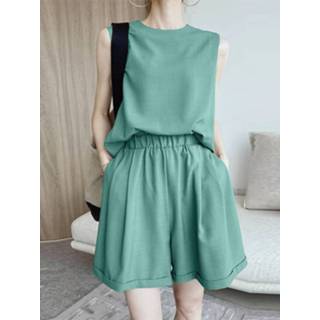 👉 Sleeveless polyester s vrouwen zwart Solid Elastic Waist Pocket Two Pieces Suit