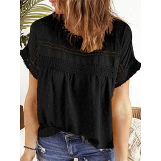 👉 Short sleeve polyester s vrouwen zwart Leisure Swiss Dot Button Lace Patchwork Blouse