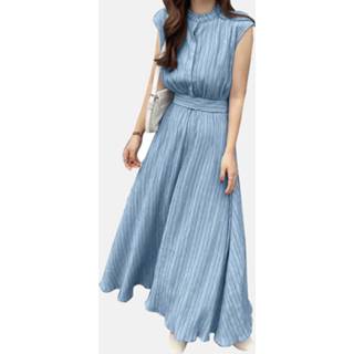 👉 Sleeveless polyester s vrouwen donkergroen Textured Stand Collar Maxi Dress With Belt