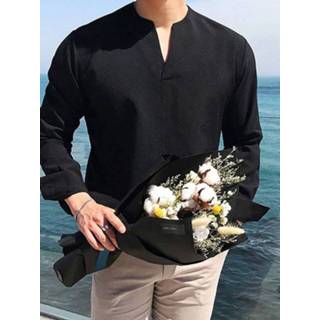 👉 Shirt lange mouw polyester s male zwart Men V-Neck Solid Color Long Sleeve