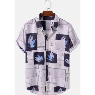 👉 Shirts korte mouw polyester s male kaki Mens Calico Print Square Chest Pocket Short Sleeve