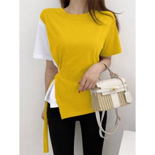 👉 Short sleeve polyester s vrouwen zwart Contrast Crew Neck Belt Waist Blouse