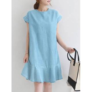 👉 Short sleeve cotton s vrouwen zwart Solid Denim Mermaid Hem Pocket Dress