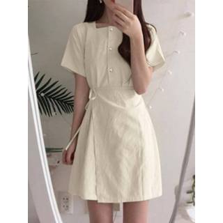 👉 Short sleeve polyester s vrouwen marine Solid Button Square Collar Tie Side Dress