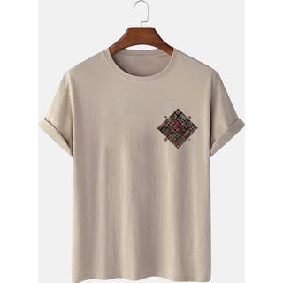 👉 Short sleeve cotton l male zwart Mens Ethnic Geometric Chest Print T-Shirts