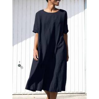 👉 Short sleeve cotton s vrouwen geel Solid Loose Crew Neck Casual Dress With Belt