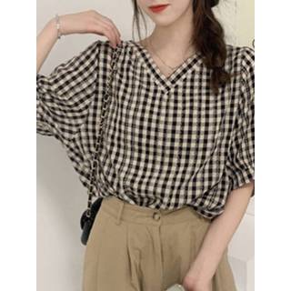 Short sleeve polyester s vrouwen zwart Check Print V-neck Loose Women Blouse