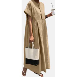 👉 Short sleeve polyester s vrouwen marine Solid Keyhole Back Loose Crew Neck Maxi Dress