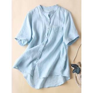 👉 Short sleeve polyester s vrouwen wit Lace Pocket Solid Button Crew Neck Blouse