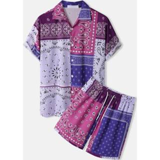 👉 Short sleeve polyester m male purper Mens Paisley Print Stitching Two Pieces Outfits
