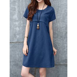👉 Short sleeve polyester s vrouwen donkergroen Solid Pocket Casual Crew Neck Dress