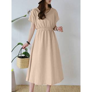 👉 Short sleeve polyester s vrouwen zwart Solid Elastic Waist V-neck Casual Dress