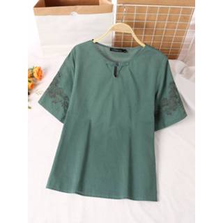 👉 Short sleeve cotton s vrouwen donkergroen Plants Embroidery Frog Button Crew Neck Blouse