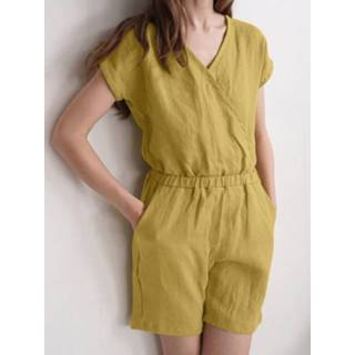 👉 Short sleeve cotton s vrouwen geel Solid Wrap V-neck Pocket Casual Romper