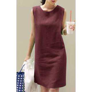 👉 Sleeveless cotton s vrouwen donkergroen Solid Slit Hem Crew Neck Dress For Women