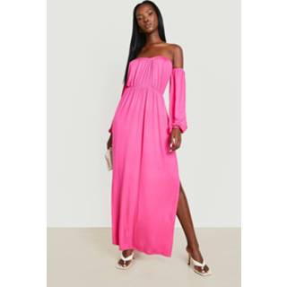 Off Shoulder Maxi Jurk Met Ballonmouwen, Hot Pink