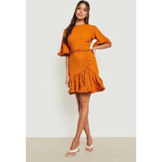 👉 Skater Jurk Met Textuur, Ruches En Wijde Mouwen, Mustard
