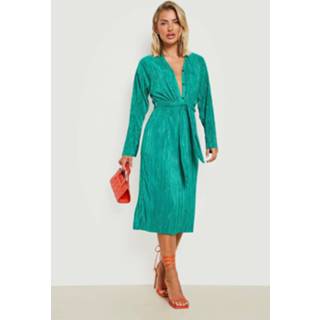 👉 Plisse Midi Blouse Jurk Met Ceintuur, Green