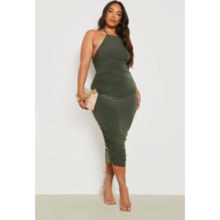 👉 Plus Strakke Dubbele Geplooide Halter Midi Jurk, Olive