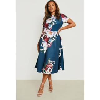 👉 Skater jurk marine Plus Geplooide Bloemen Midi Jurk, Navy