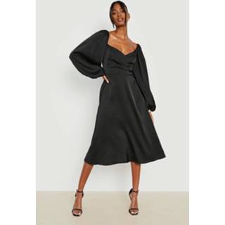 👉 Satijnen Midi Skater Jurk Met Shirtmouwen, Black