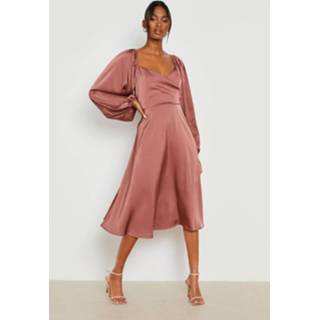 👉 Satijnen Midi Skater Jurk Met Shirtmouwen, Rose