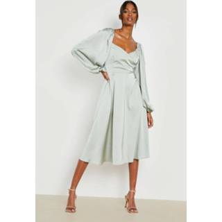 👉 Satijnen Midi Skater Jurk Met Shirtmouwen, Sage