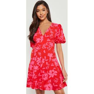 👉 Skater jurk rood Chiffon Bloemen Met Pofmouwen, Red