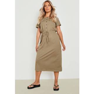 👉 Plus Midi Jurk Met Korte Mouwen En Ceintuur, Khaki