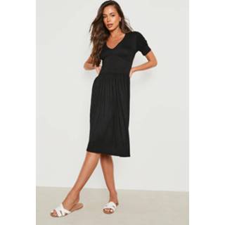 👉 Skater jurk zwart Midi Met V-Hals En Geplooide Taille, Black