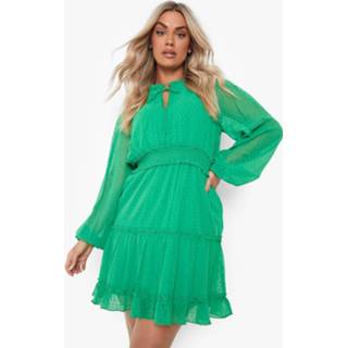 👉 Plus Dobby Mesh Mini Jurk Met Strik, Bright Green