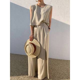👉 Sleeveless cotton s vrouwen zwart Solid Color Wide Leg Casual Two Pieces Suit