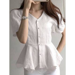 👉 Short sleeve polyester s vrouwen beige Asymmetrical Solid Button Front V-neck Blouse