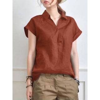 👉 Short sleeve cotton s vrouwen marine Solid V Neck Roll Casual Blouse