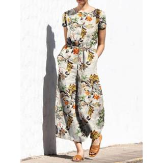 👉 Short sleeve cotton s vrouwen geel Plant Print Pocket Sash Round Neck Jumpsuit