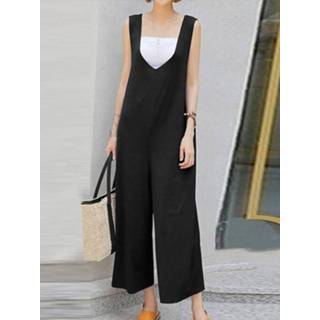 👉 Sleeveless polyester s vrouwen zwart Solid Backless Casual Jumpsuit